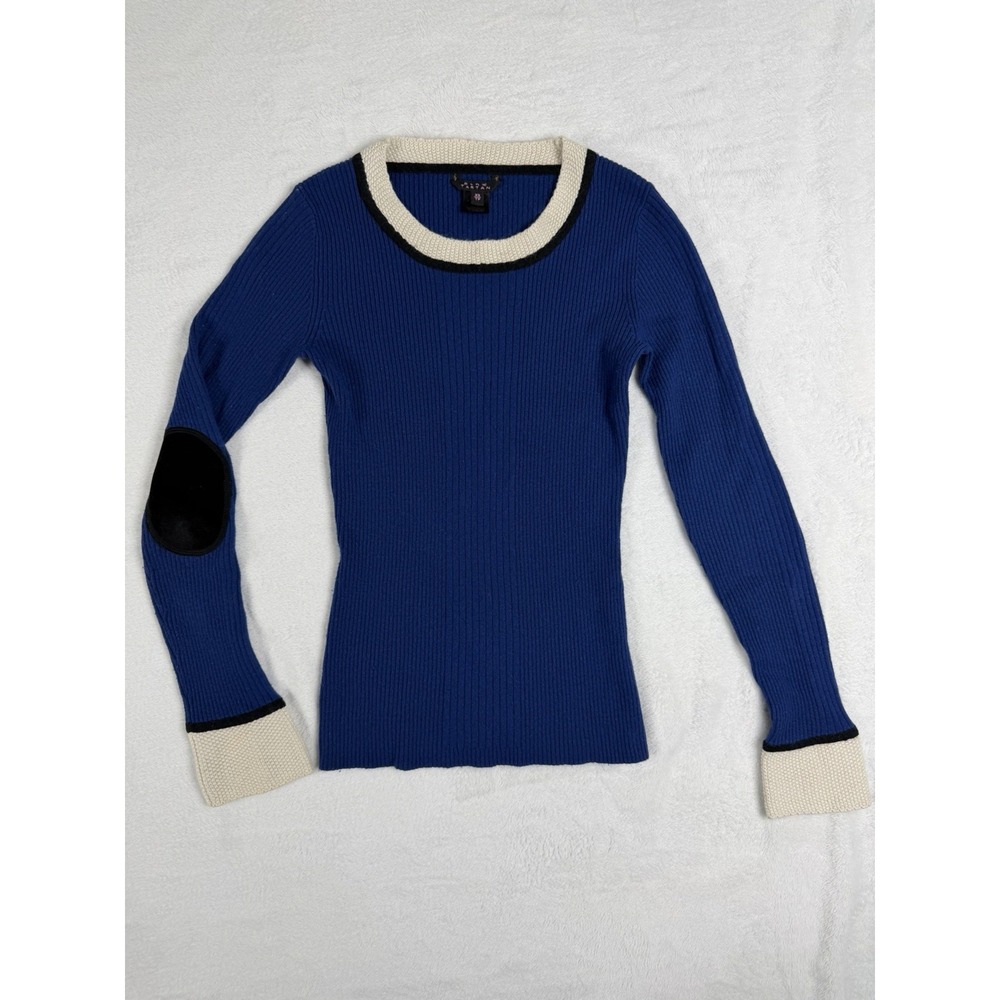 Pink Tartan Blue Cashmere Wool Blend Knit Sweater Top Women's Sz XS Patch Elbows
